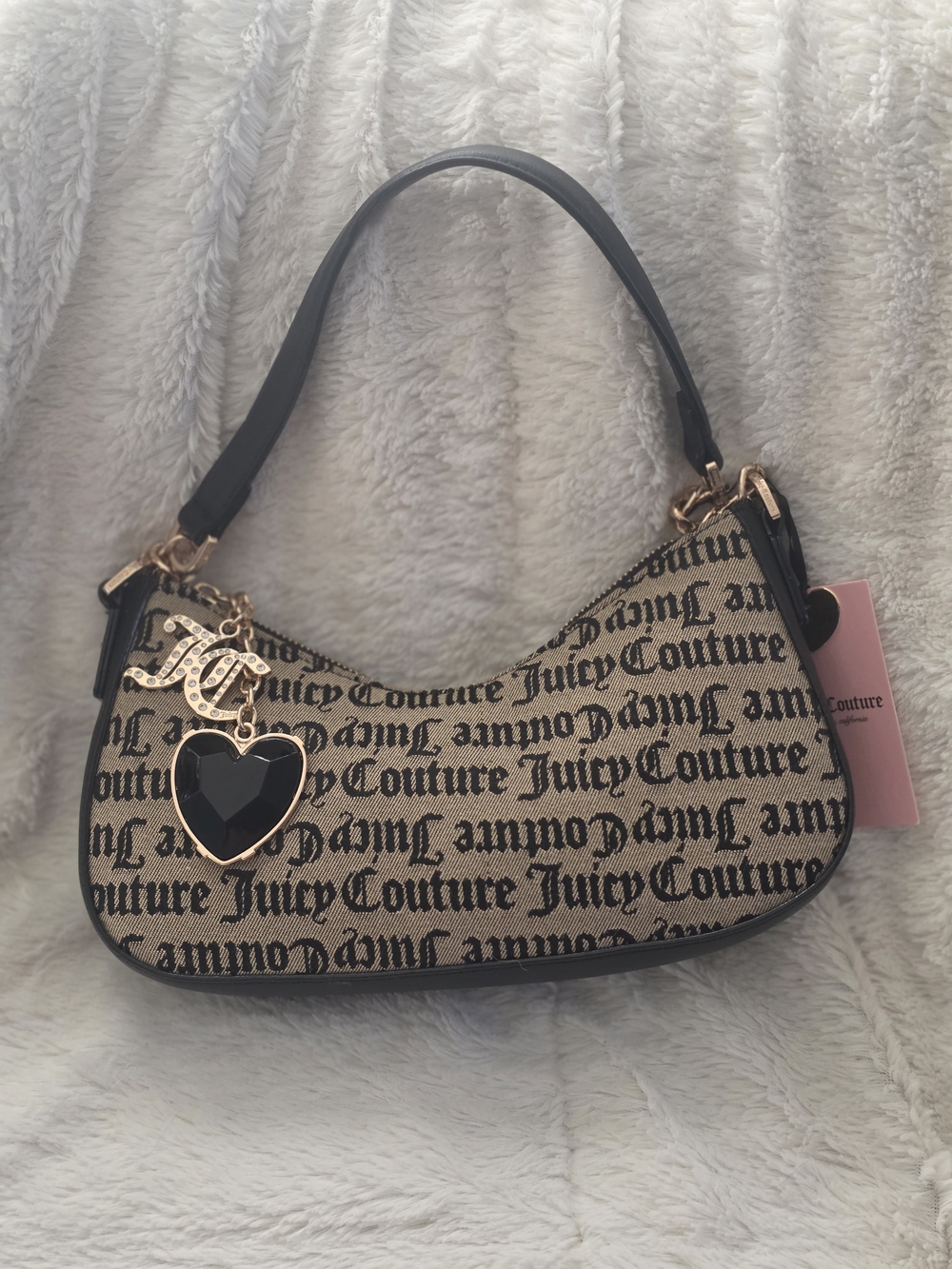 Juicy Couture Exclusive Black Script Logo Shoulder Bag with Heart Charm